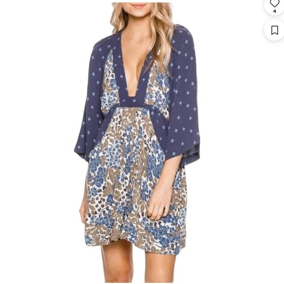 Free People Dresses & Skirts - Free People Free People Mixed-Print Floral Mini Dress Size M Boho Beach Blue